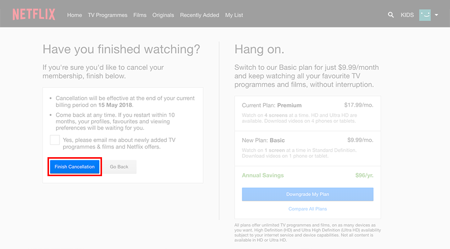 Finish Cancellation for Netflix