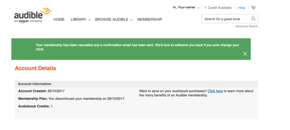 Confirmation of cancelled Audible account