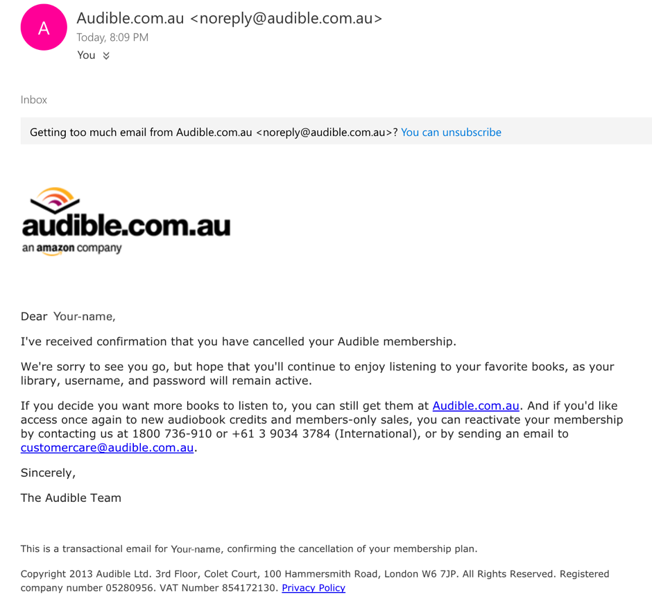 Email message confirming the cancellation of your Audible account